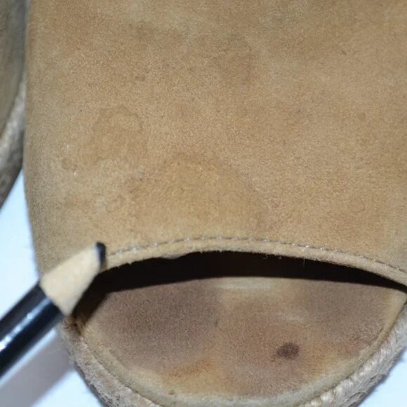 Tory Burch Tan Suede Leather Open Peep Toe Wood Wedge Slingback Heels Sandals 8 - Picture 8 of 14